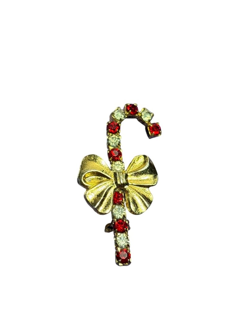 Vintage Red and Clear Rhinestone Candy Cane Brooch Pin Goldtone Bow 1.5 inches